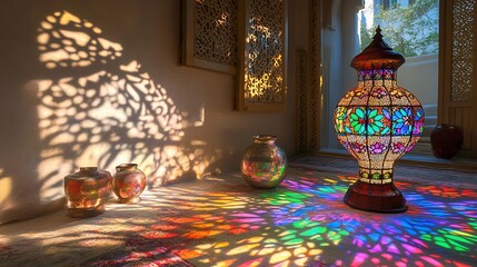 Colorful stained glass lamp casts vibrant shadows on ornate room.