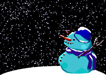 夜の積雪を眺める雪だるま