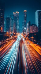 Fototapeta premium A stunning night view of a bustling city skyline with vibrant light trails from traffic.