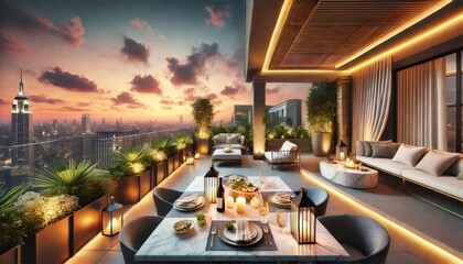 Luxury rooftop terrace dining with breathtaking new york city sunset view