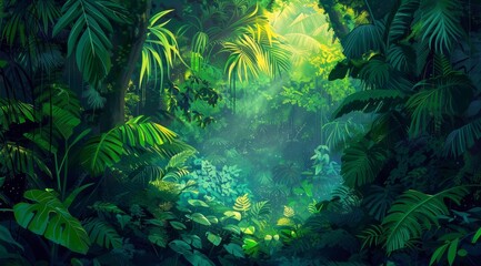 Lush green jungle with sun rays breaking through the canopy, creating a mystical atmosphere.