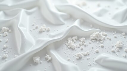 Intimate shot of ethereal white fabric with smooth, wavy textures, dotted with delicate powder specks creating a mesmerizing pattern.  