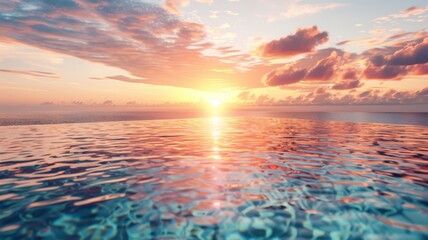 Obraz premium A serene sunset over a calm ocean, reflecting vibrant colors on the water surface, creating a peaceful and picturesque landscape.