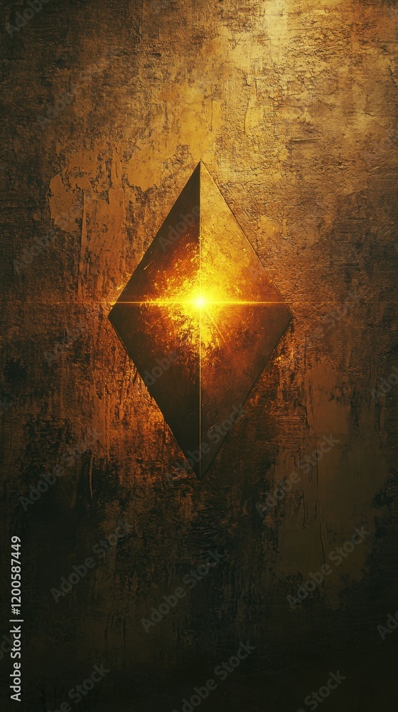Poster glowing golden pyramid embedded in rough texture