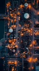 Aerial view of an industrial complex glowing at dusk.