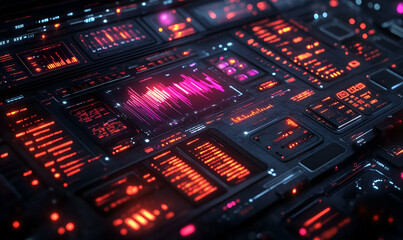 Fototapeta premium Futuristic control panel, data streams, red glow, spaceship interior, UI design
