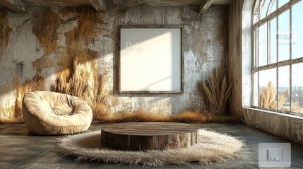 Rustic room, sunlit display,  wooden stand,  cozy chair, urban view.  For interior design