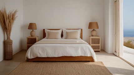 Stylish bedroom design with wooden bed modern interior relaxing vibe