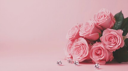 Close-up of elegant pink roses with diamonds table setting