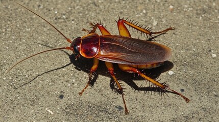 A close-up view of a cockroach on a concrete surface.
