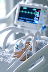 Patient on life support in a hospital bed with an intensive care monitor.