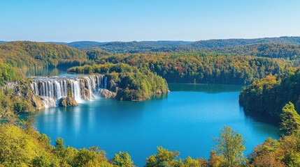 Autumn waterfall cascading into serene lake, surrounded by colorful foliage. Perfect for travel brochures
