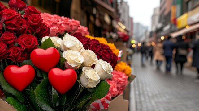 Colorful Flower Market in a Street for Valentine's Day Celebrations with Heart Decorations