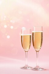 Celebratory toast with champagne glasses pink background bokeh lights