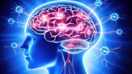 A digital illustration of a human brain with neural connections and energy patterns.