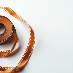A coiled vintage film reel with a strip of film unspooled, resting on a plain background, evoking nostalgia for classic cinema.