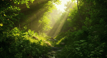 Obraz premium Sunbeams in Lush Green Forest Tranquil Nature Scene