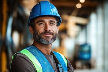 Construction Site Worker in Blue Hard Hat and Safety Vest Planning Future Project