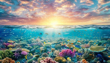 Obraz premium A vibrant underwater scene with a colorful coral reef teeming with fish, bathed in the golden light of the setting sun.