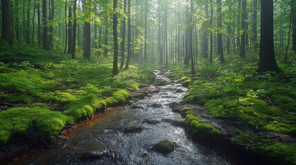 Fototapeta premium Serene Forest Stream: A Misty Morning in the Woods