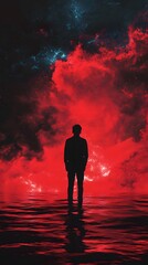 Fototapeta premium Silhouetted figure standing in a surreal red and blue landscape.