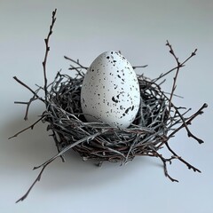 Obraz premium a simple bird's nest crafted from twigs, holding a single speckled egg, exuding natural elegance and rustic charm.