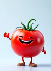 Cheerful cartoon tomato character waving.