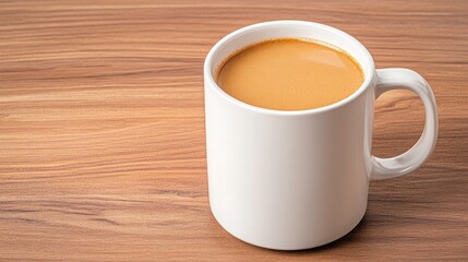 Obraz premium Freshly Brewed Coffee in a White Mug on a Wooden Table Surface