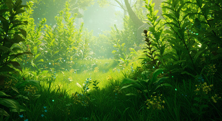 Obraz premium Lush Green Forest Sunlight Plants Flowers Nature Background