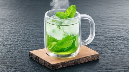 Refreshing Mint Beverage with Ice and Steam in Clear Mug