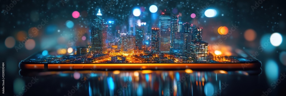 Aufkleber unique cityscape rises from glowing smartphone screen, showcasing vibrant lights and intricate detai