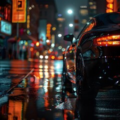 A black car covered in water drops parked on a wet street