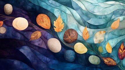 Abstract Autumnal Leaves Stones and Wavy Background