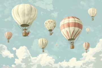 Several Hot Air Balloons Float Across a Cloudy Sky