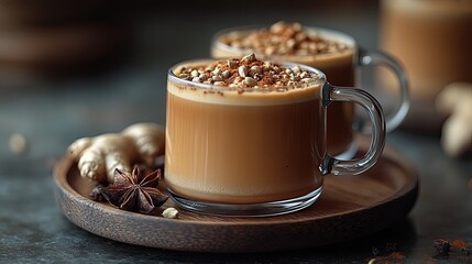 Spiced latte cups, ginger, anise; autumn drink, cozy