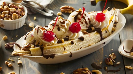 A classic banana split with three scoops of ice cream and toppings
