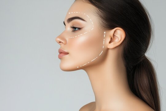Woman's profile with subtle face markings. Ideal for cosmetic surgery, beauty, and skincare websites.