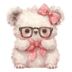 Obraz premium Adorable illustration of a fluffy white teddy bear wearing glasses and pink bows. Sweet and charming!
