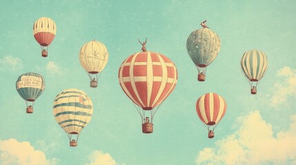 Seven Hot Air Balloons Soar Across A Pastel Sky