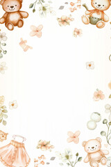 Fototapeta premium Watercolor frame with teddy bears, flowers, and baby clothes for newborn baby girl