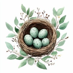 Fototapeta premium rustic bird's nest with speckled eggs, adorned with fresh daisies and lush green leaves, creating a charming natural composition.