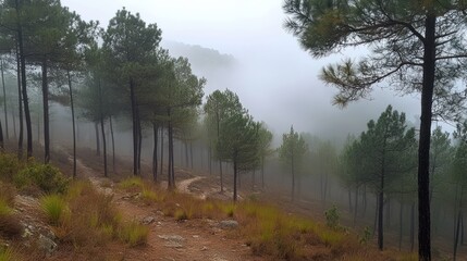 Obraz premium Misty mountain trail, pine forest, sunrise, travel