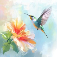 Hummingbird in Flight Near a Vibrant Orange Flower