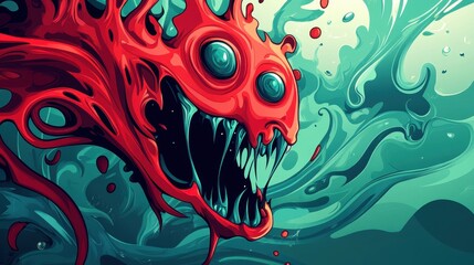 Fototapeta premium Abstract Red Creature In Teal Swirling Background