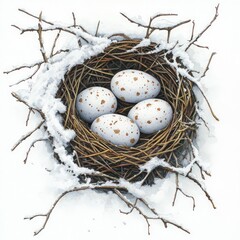 Obraz premium rustic bird's nest with speckled eggs surrounded by white background, pine branches, and soft snowflakes, evoking a wintry charm.