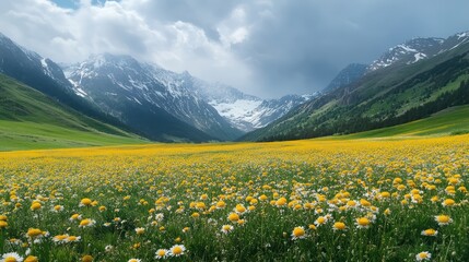 Mountain meadow wildflowers blooming, scenic valley