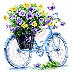 vintage blue bicycle with a basket full of vibrant springs flowers, creating a charming and rustic springtime scene.