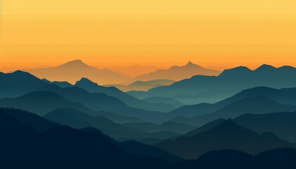 Fototapeta premium A panoramic view of a mountain range at sunset, with the sky a vibrant orange and the mountains a deep blue.