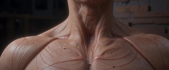 High-resolution 3D render of detailed human neck and upper chest musculature anatomy