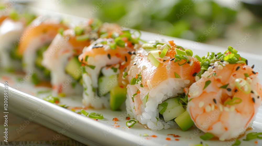 Poster fresh sushi rolls with shrimp and vegetables served on a white plate in a restaurant setting